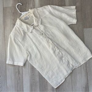 Vintage Button Up Shirt ramie embroidered collar womens Cream (size 10) natural